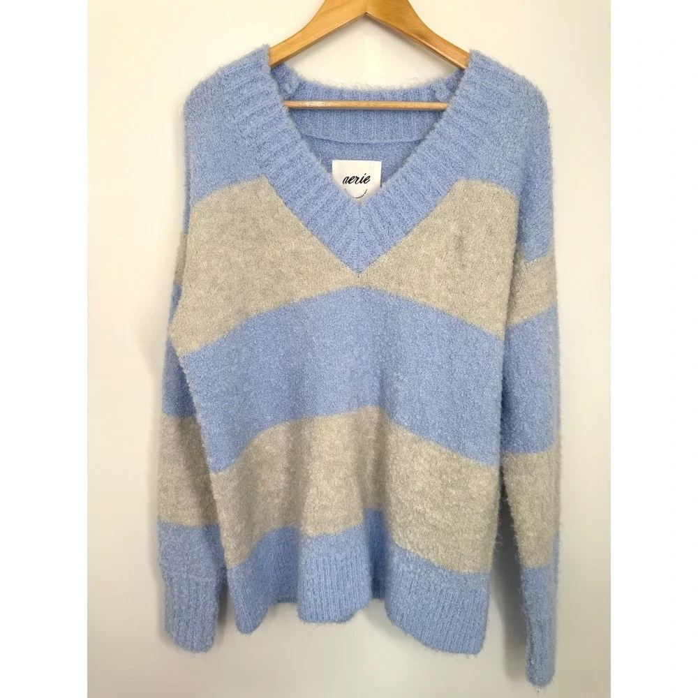 Aerie Teddy Boucle Striped Fuzzy V Neck Sweater Ocean Sky Blue Cozy Oversized XS